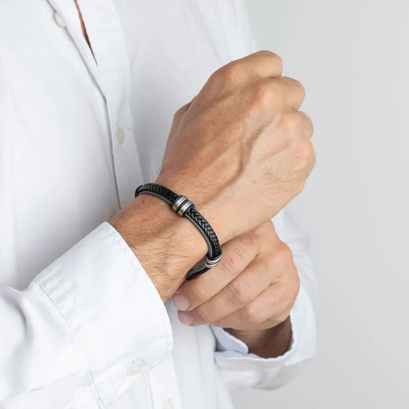 Lotus Style, armbånd i skinn og stål, sort og grå (bredde 12 mm, lengde 23 cm) 